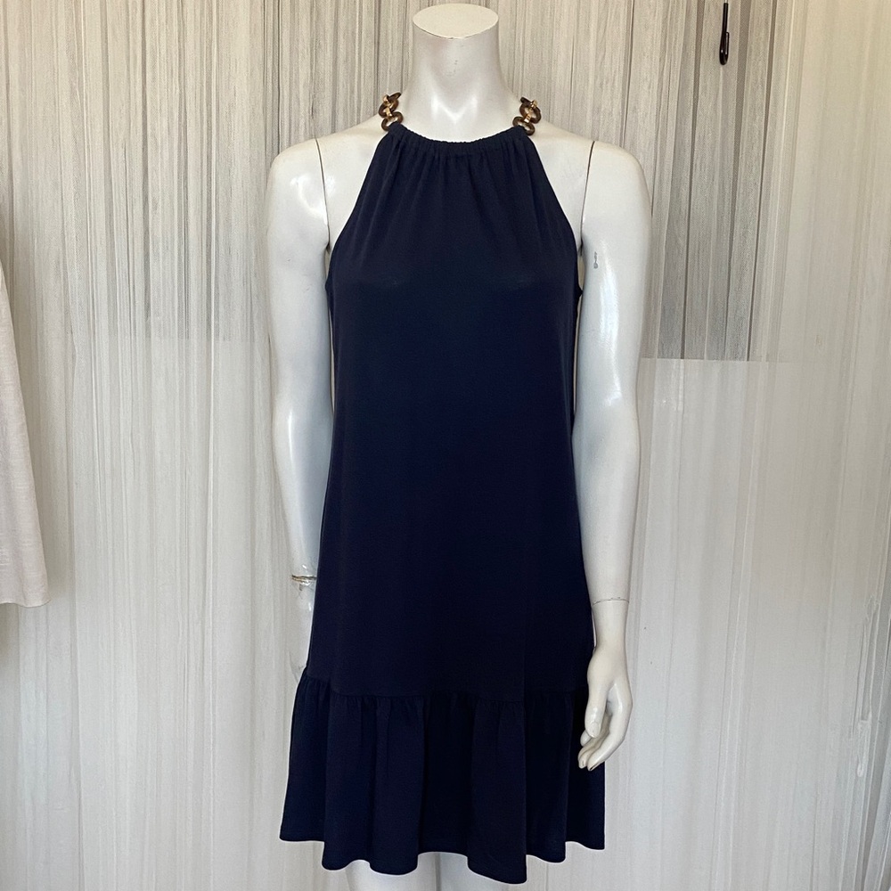 Michael Kors Navy Halter Dress with Gold/Tortoise Chain Straps Size S